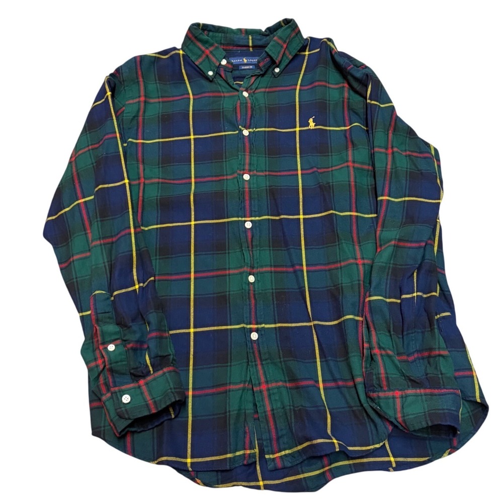 Ralph‎ Lauren Mens Classic Fit Plaid Button Down Shirt Green Navy Red Yellow